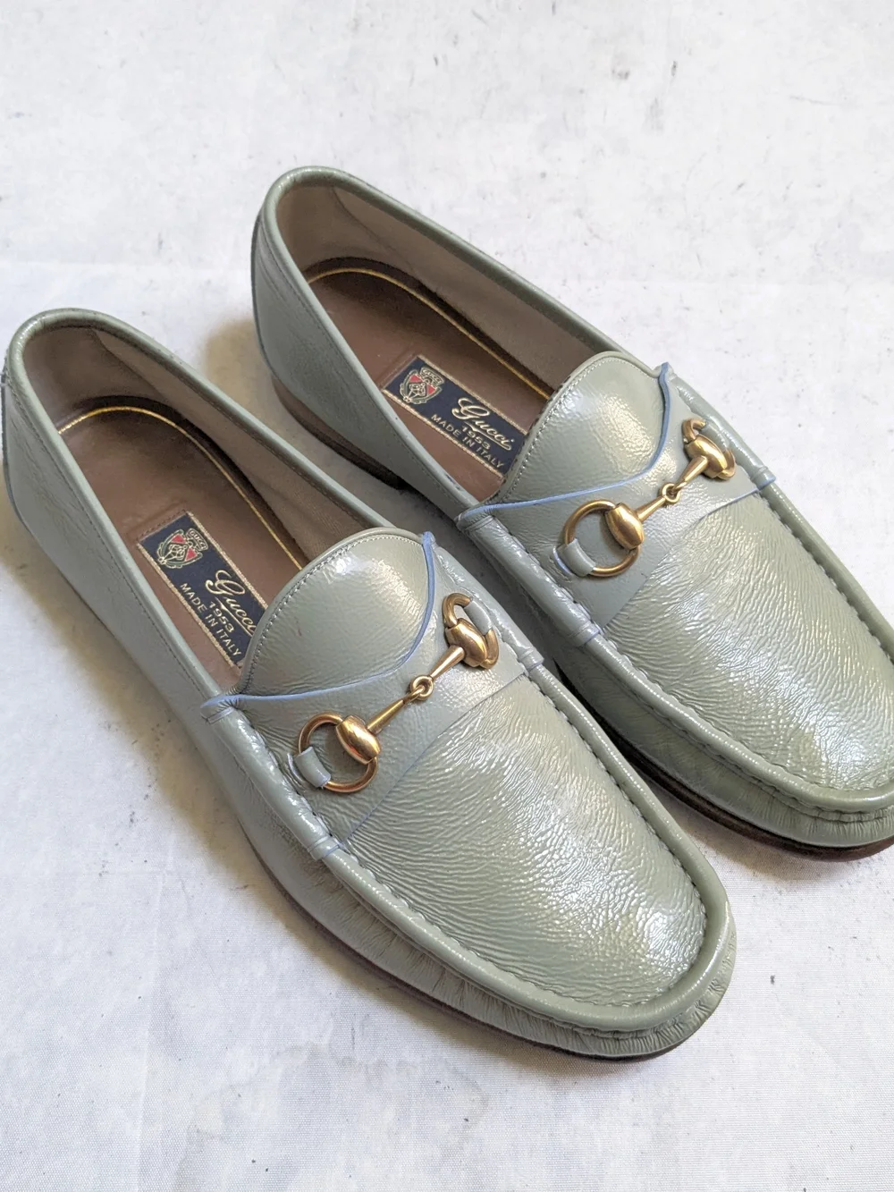 Gucci Men's Light Green Patent Leather Horsebit Loafers US 9